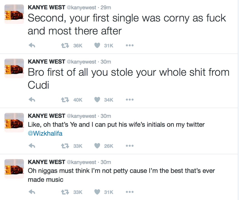 Illustration for article titled Kanye West attacks Wiz Khalifa on Twitter, still respects his pants game